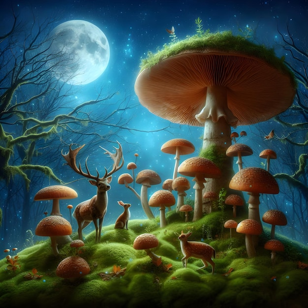 Mystical Mushroom Haven Towering toadstools form a canopy over a carpet of lush moss where deer an