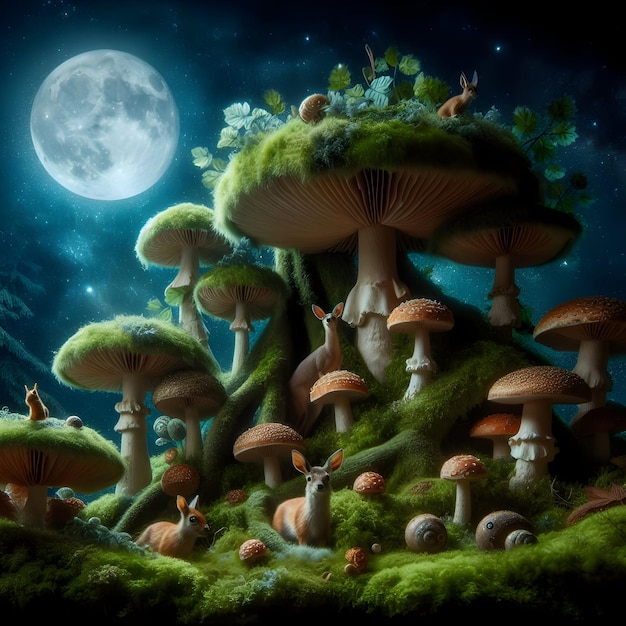 Mystical Mushroom Haven Towering toadstools form a canopy over a carpet of lush moss where deer an