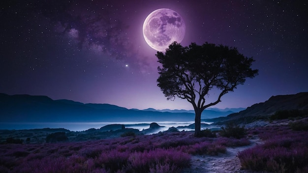 Mystical Night Landscape with Full Moon and Starry Sky