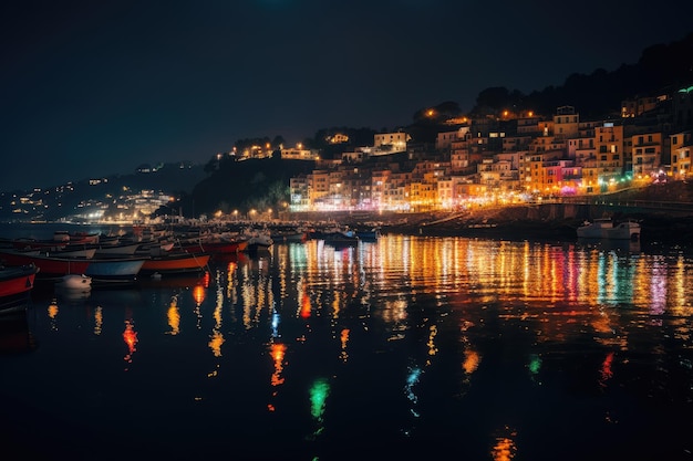 Mystical night in Porto Venero colorful houses boats and lanterns on the waterfront generative IA