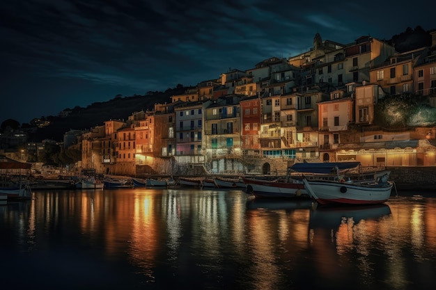 Mystical night in Porto Venero colorful houses boats and lanterns on the waterfront generative IA