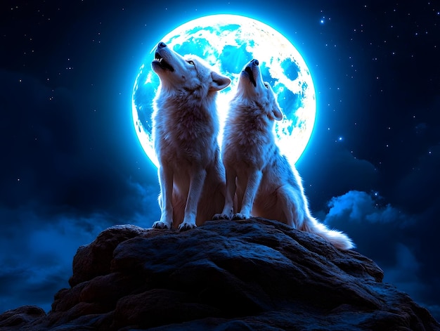 Photo mystical nocturnal pack of howling wolves illuminated by a glowing full moon in the moonlit forest