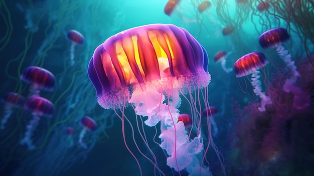 Mystical Oceanic Glow Enchanting Jellyfish in Underwater World Generative AI