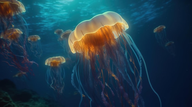 Mystical Oceanic Glow Enchanting Jellyfish in Underwater World Generative AI