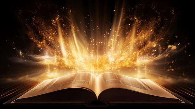 A Mystical Open Book Radiating Sparkling Golden Light and Energy