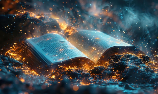 Mystical Open Book Surrounded by Golden Dust and Smoke