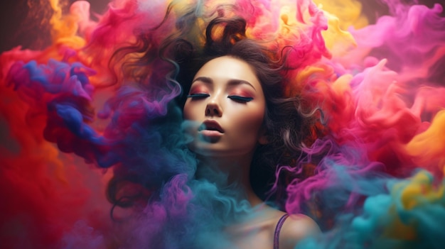 Mystical Oriental Beauty Surrounded by Colorful Smoke