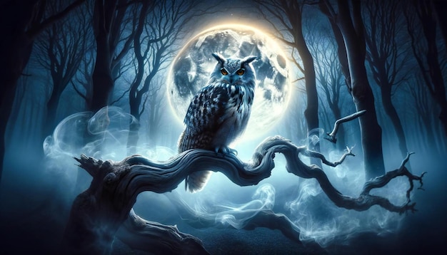 Mystical Owl in Moonlit Forest Enchanting Nighttime Wildlife Scene perfect for wildlife fantasy art