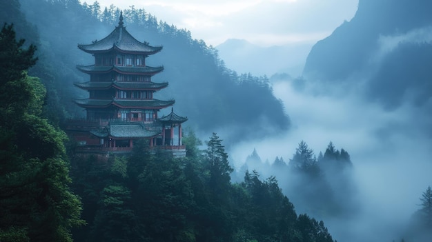 Mystical Pagoda in a Foggy Mountain Landscape