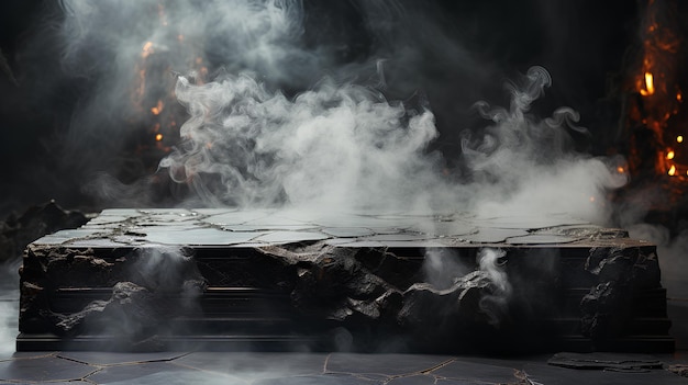 Mystical podium made of black stone against the background of fog