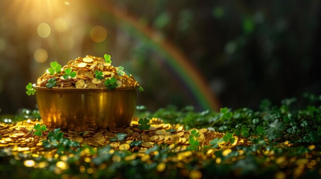 Photo a mystical pot overflowing with gold coins and clover leaves basking in the sunlight with a faint rainbow in the backdrop embodying the spirit of st patricks day