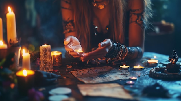 Photo a mystical practitioner performs tarot reading with candles and crystals in a dimly lit room at night