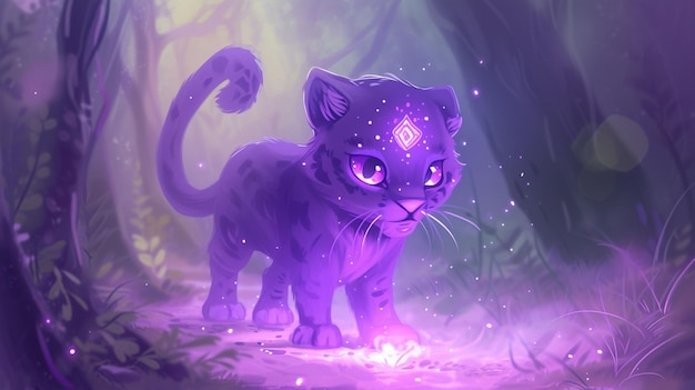 Photo a mystical purple cat exploring a enchanted forest at dawn with glowing elements surrounding it