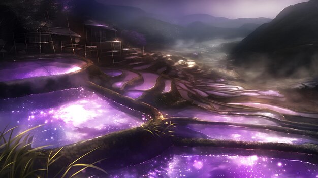 Photo mystical purple rice terraces under a starry sky