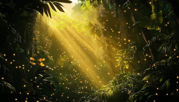 Mystical rainforest bathed in golden light with whimsical glowing plants and a serene ambiance