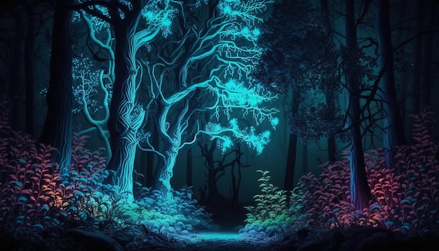 Mystical rave forest at night highly detailed.