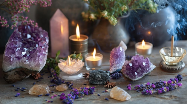 Mystical ritual setup with crystals herbs and incense creating an atmosphere of enchantment and spiritual connection