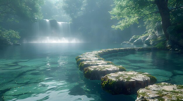 A mystical river with shimmering water surrounded by ancient stone paths