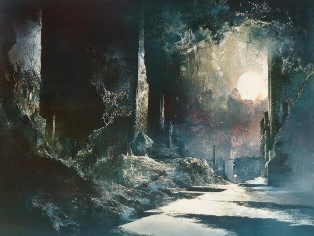 Photo mystical ruins in dark forest with moonlight fantasy landscape art