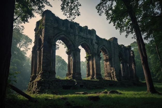 Mystical Ruins in Forest at Dawn