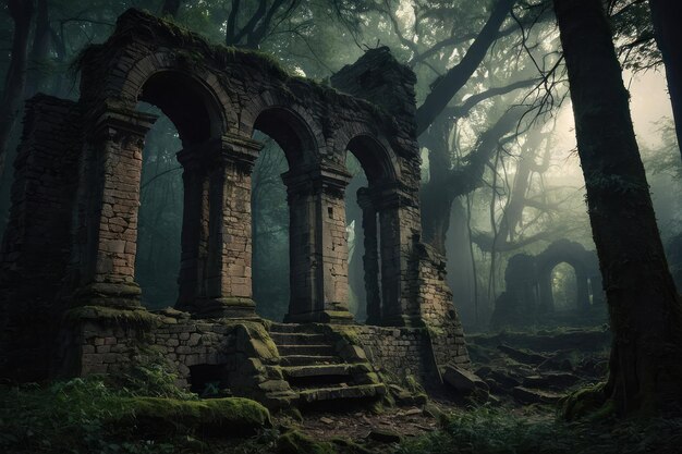 Mystical Ruins in Forest at Dawn