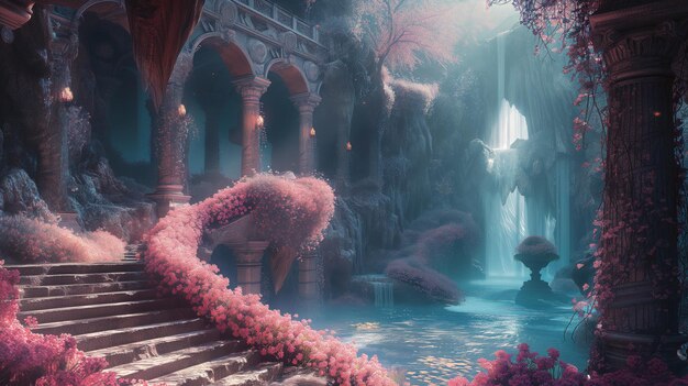 Mystical ruins with pink foliage and waterfalls