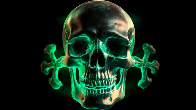 Mystical scary human skull and crossbones glowing in the dark Generative AI