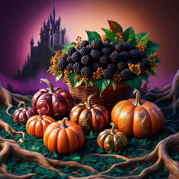 Photo a mystical scene in an enchanted forest where a cluster of lush blackberries surrounded by pumpkins