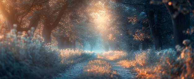 A mystical and serene path through a forest with sunlight shining on the trees