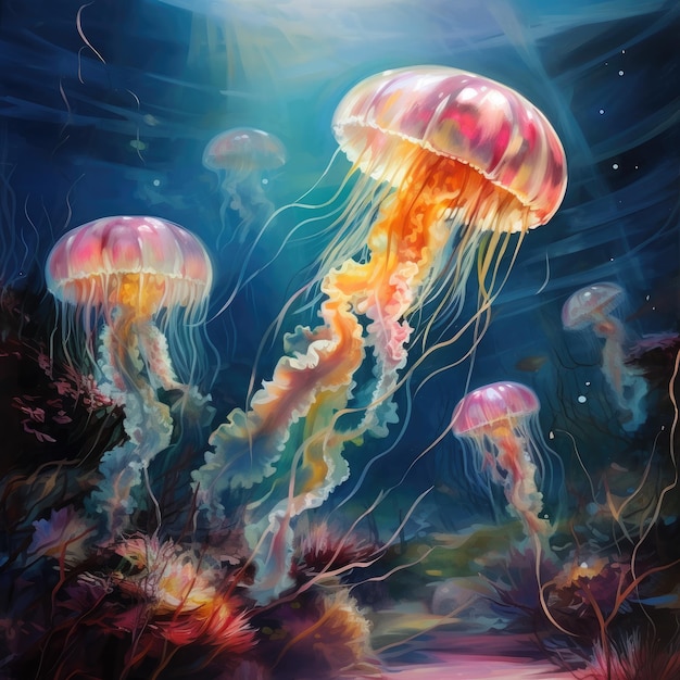 Mystical Serenity Capturing Jellyfishes in a Realistic Oil Painting with Blurred Background