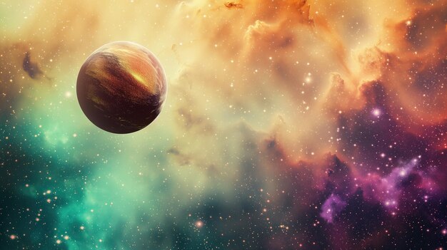 Mystical space scene with a floating planet and colorful nebula