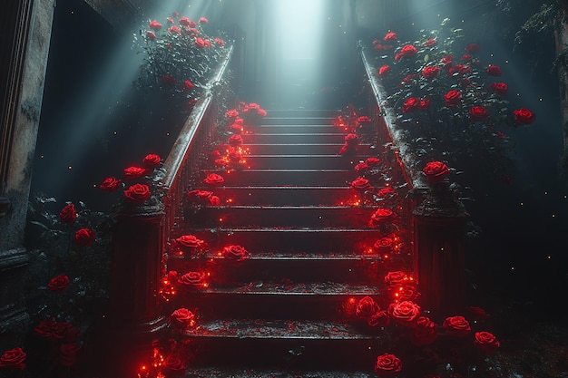 Mystical Staircase with Roses and Beams of Light