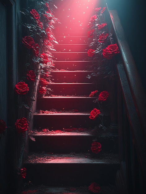 Mystical Staircase with Roses and Beams of Light