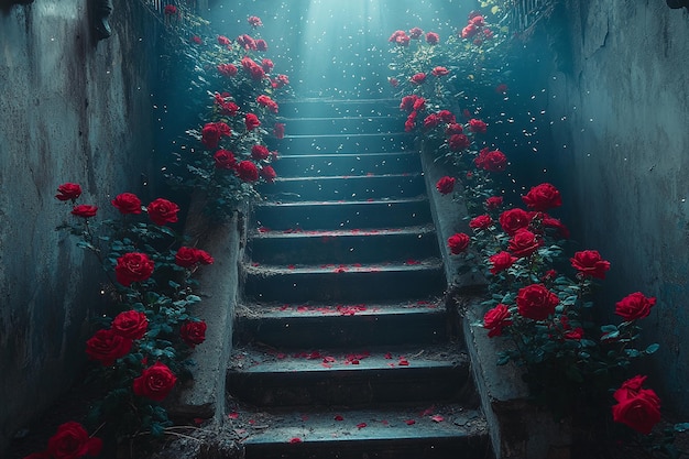 Mystical Staircase with Roses and Beams of Light