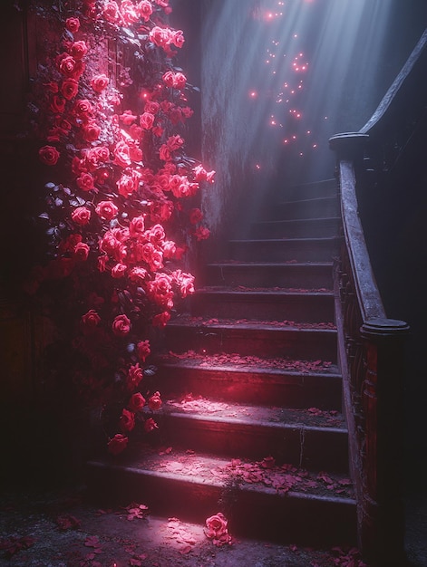 Mystical Staircase with Roses and Beams of Light