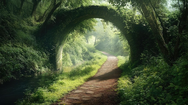 A Mystical Stone Archway Leads Through a Lush Green Forest