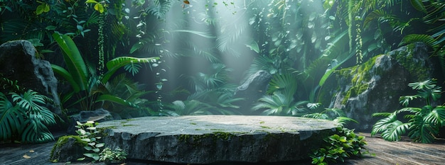 Mystical stone podium in a lush green jungle with rays of light