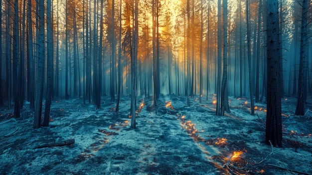 Photo mystical sunrise peeking through dense forest trees with morning mist and ethereal light rays on ground