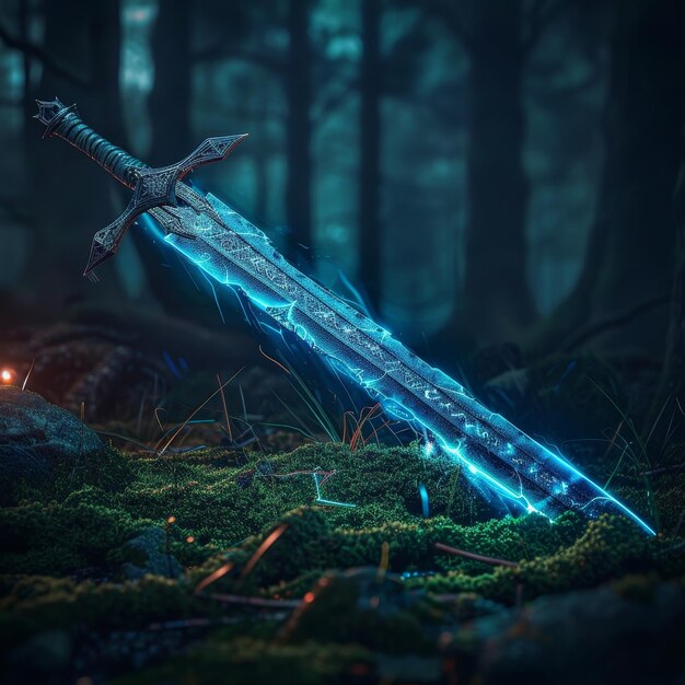 Photo mystical sword glowing in a mysterious forest