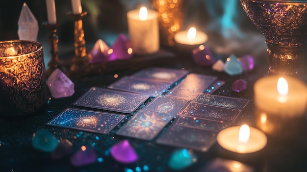 A mystical tarot card reading surrounded by candles and crystals set in a dimly lit room creating a serene atmosphere