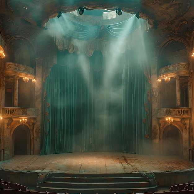 Mystical theater stage with vintage architecture empty seats await audience curtain about to rise eerie atmosphere generative AI