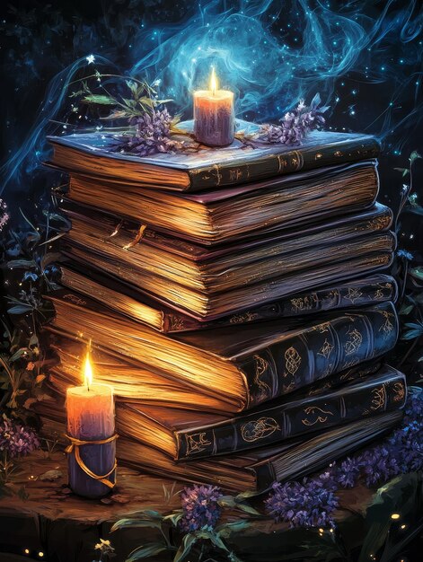 Photo mystical tome stacked with two candles