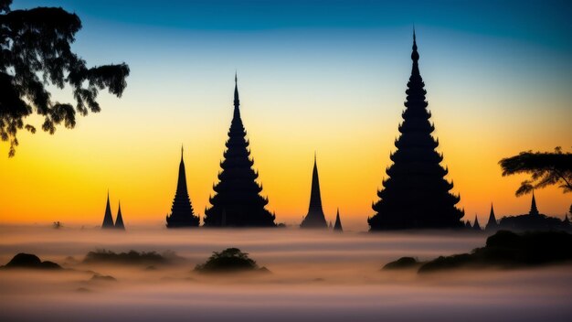 Mystical towers and pagodas shrouded in fog Mystery and mystery in ancient architecture Creative AI Generated