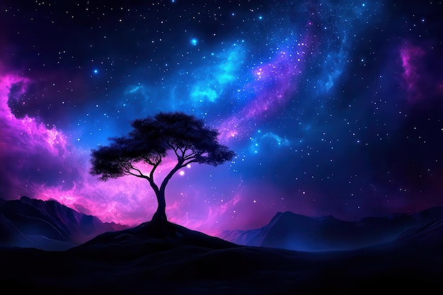 A mystical tree silhouetted against a vibrant galaxy filled with stars creating a stunning cosmic landscape