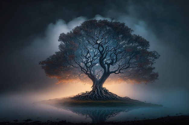 Mystical tree surrounded by misty fog on a dark and stormy night