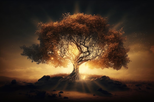 Mystical tree with sun setting behind it casting warm golden light created with generative ai