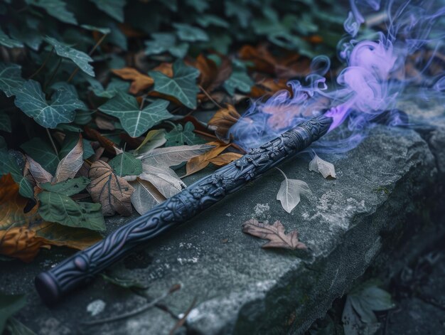 Photo mystical wand with smoke and leaves