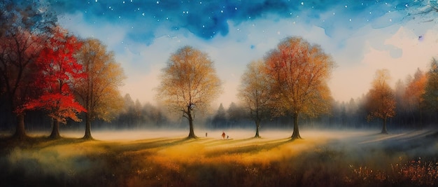 Mystical watercolor oak forest in autumn with light fog generative ai