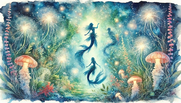 Photo mystical watercolor underwater meadow featuring mermaids