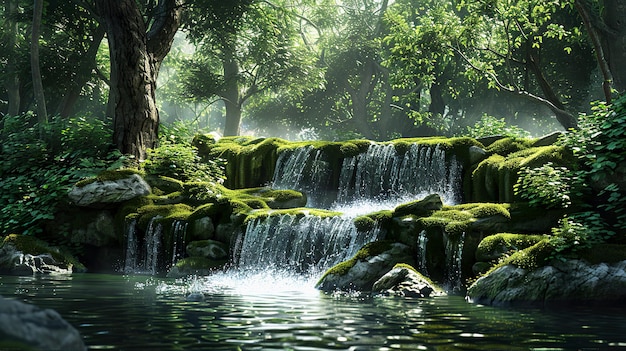 Mystical waterfall hidden in a Jungle Ethereal Waterfall background